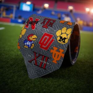 Merge Left Big 12 Conference Silk Tie College Team Logos Nebraska Texas OU KU